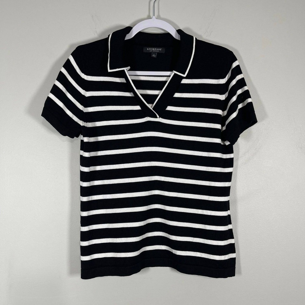Liverpool Knit Polo Top SZ Medium Black White Collar Short Sleeve Preppy Coastal